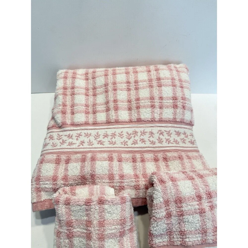 VTG  Laura Ashley Pink Hand Towels Embroidered Checkered Striped Set of 3
